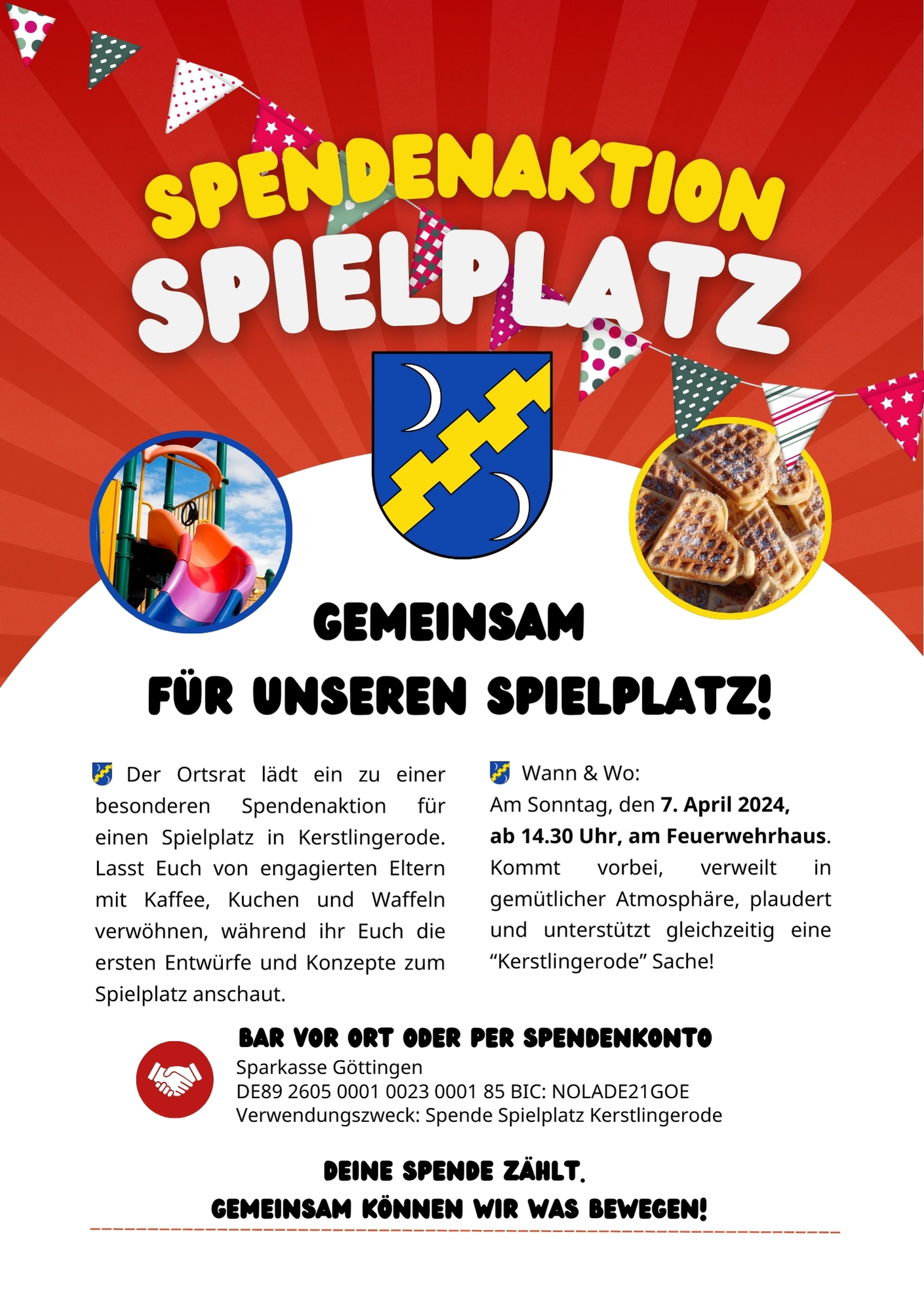 Am 7. April 2024 versammelte sich unsere Gemeinschaft am Feuerwehrhaus, um gemeinsam für unseren Spielplatz zu sorgen. Engagierte Eltern servierten Kaffee, Kuchen und Waffeln, während wir die ersten Entwürfe bewunderten. Die Kinder und Eltern bedanken sich herzlich für die großzügigen Spenden. Jeder Beitrag zählt, und gemeinsam haben wir viel erreicht. Danke an alle, die dazu beigetragen haben! [Unterschriften des Ortsrats oder der Organisatoren